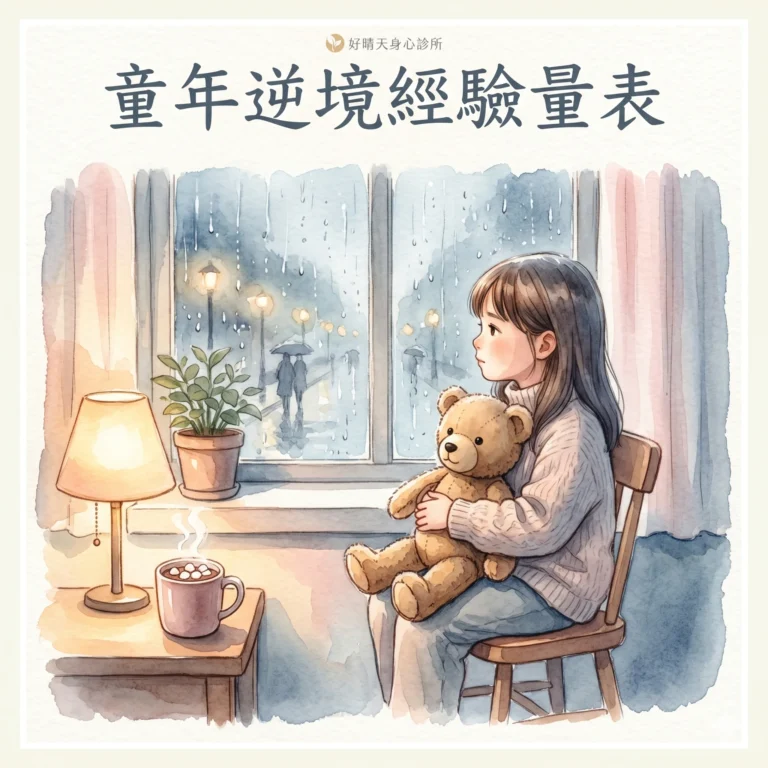 童年逆境經驗量表 ACE 示意圖，水彩插畫描繪小孩抱泰迪熊望雨窗的療癒場景