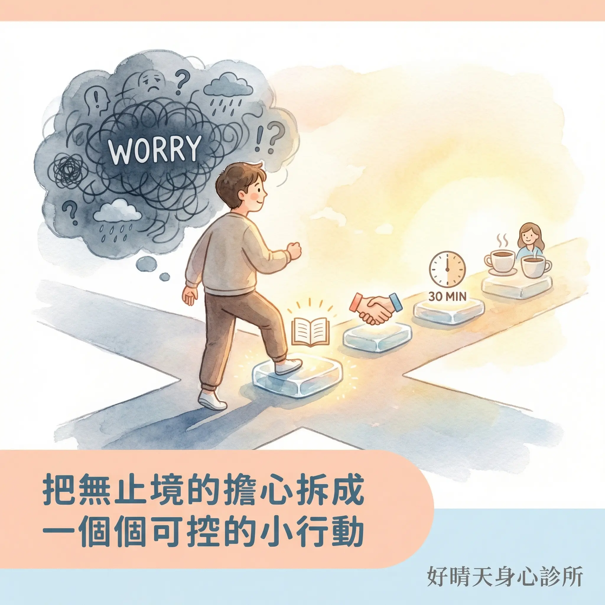 把無止境的擔心拆成一個個可控的小行動:一個人從焦慮烏雲走向發光的踏腳石,石頭上有書本、握手、時鐘等圖示