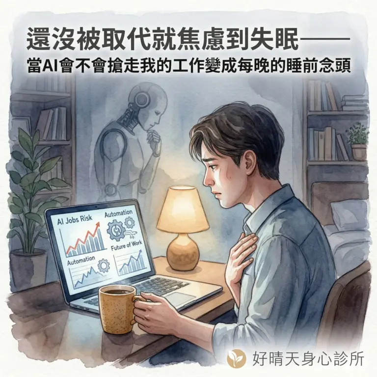 AI焦慮封面圖：一名男子深夜坐在筆電前，螢幕顯示AI相關新聞，背後浮現機器人影子，表情焦慮不安