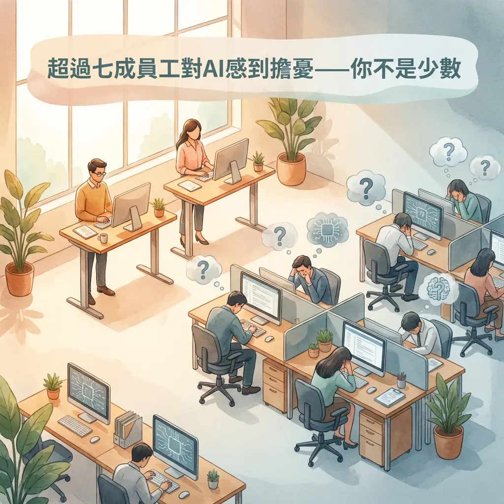 超過七成員工對AI感到擔憂:辦公室鳥瞰圖,多數員工頭上浮現問號與AI晶片的擔憂思緒泡泡