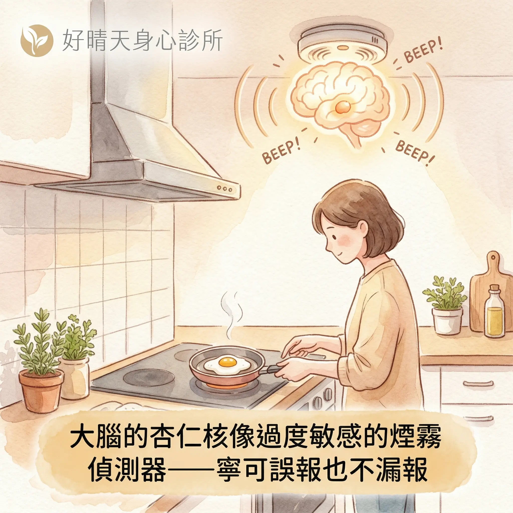 大腦的杏仁核像過度敏感的煙霧偵測器比喻:一名女子煎荷包蛋,天花板煙霧偵測器大響,旁邊浮現大腦圖案