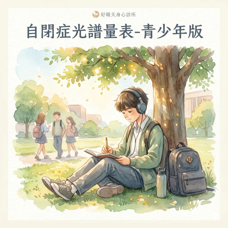 自閉症光譜量表-青少年版 AQ-Adolescent 示意圖，水彩插畫描繪中學生戴耳機坐樹下閱讀的安靜場景