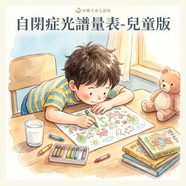 自閉症光譜量表-兒童版 AQ-Child 示意圖，水彩插畫呈現學齡兒童趴在書桌專心畫畫的童趣場景