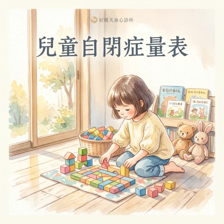 兒童自閉症量表 CAST 示意圖，水彩插畫呈現孩子獨自玩木製火車的溫馨場景
