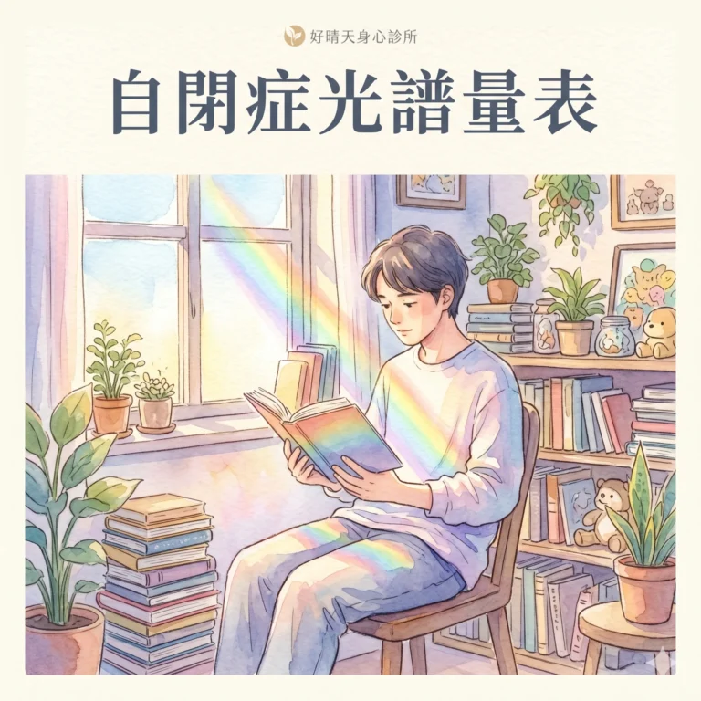 自閉症光譜量表 AQ-10 成人版示意圖，水彩插畫描繪安靜閱讀的成人與光譜光線