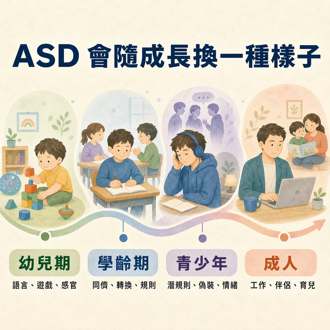 ASD 會隨成長換一種樣子:幼兒期、學齡期、青少年、成人各階段常見困難