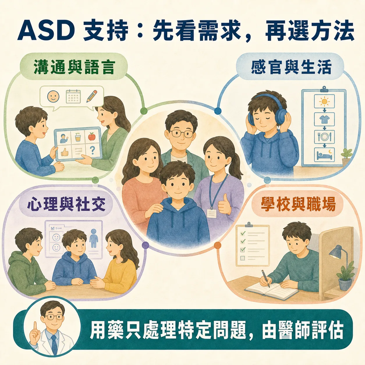 ASD 支持:溝通與語言、感官與生活、心理與社交、學校與職場;用藥只處理特定問題