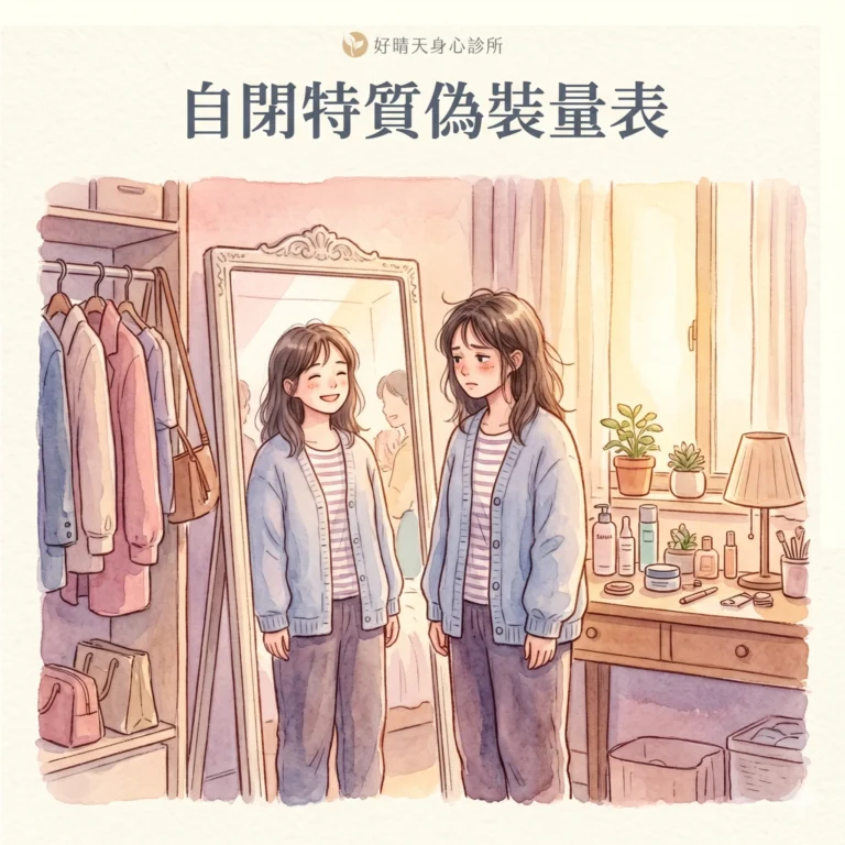 自閉特質偽裝量表 CAT-Q 示意圖，水彩插畫描繪鏡前內外表情落差的場景