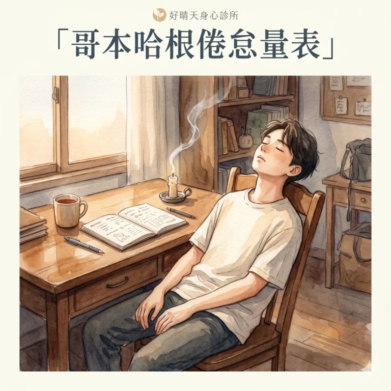 哥本哈根倦怠量表 CBI 自我檢測示意圖，水彩插畫呈現燃燒殆盡的蠟燭象徵職業倦怠