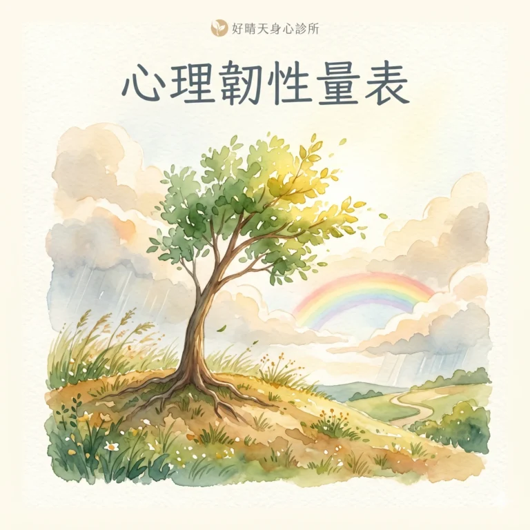 心理韌性量表 CD-RISC-25 示意圖，水彩插畫呈現山丘上迎風搖曳的小樹與雨後彩虹