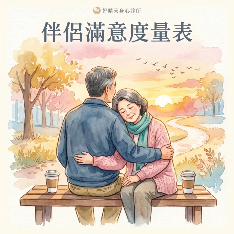 伴侶滿意度量表 CSI-4 示意圖，水彩插畫描繪中年夫妻長椅上肩靠肩望夕陽
