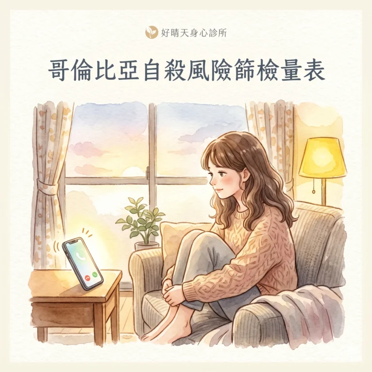 哥倫比亞自殺風險篩檢量表 C-SSRS 自我檢測示意圖，水彩插畫呈現危機中被陪伴與希望的氛圍