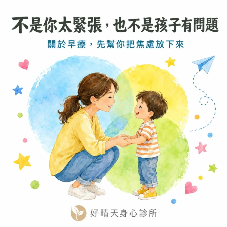 早療科普文章封面：媽媽蹲下與孩子平視牽手微笑，標題寫著不是你太緊張，也不是孩子有問題