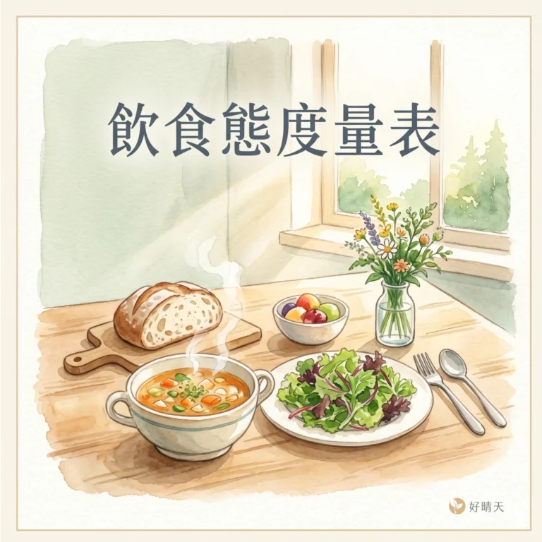 飲食態度量表 EAT-26 示意圖，水彩插畫呈現木桌家常餐食與野花瓶的健康飲食氛圍