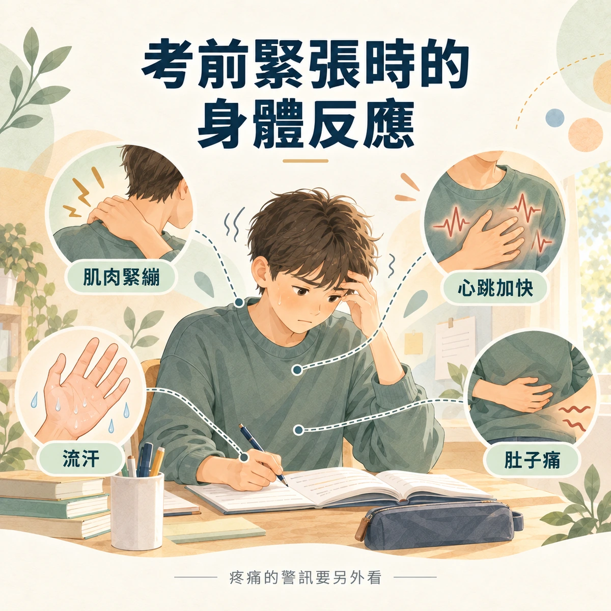 考前緊張可能出現肌肉緊繃、心跳加快、流汗及肚子痛,疼痛警訊仍需另外評估