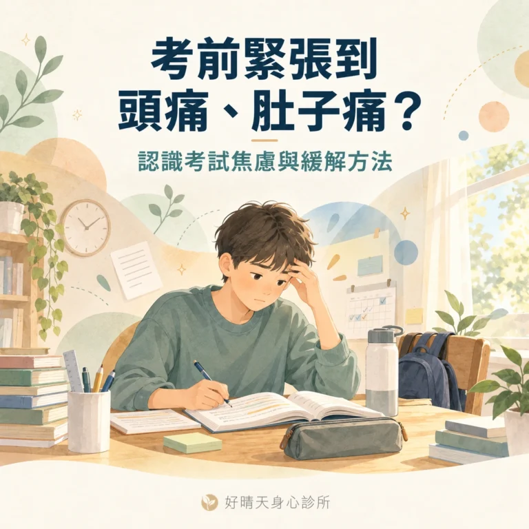 考前緊張的學生坐在書桌前，封面標題為考前緊張到頭痛、肚子痛，附好晴天身心診所標誌