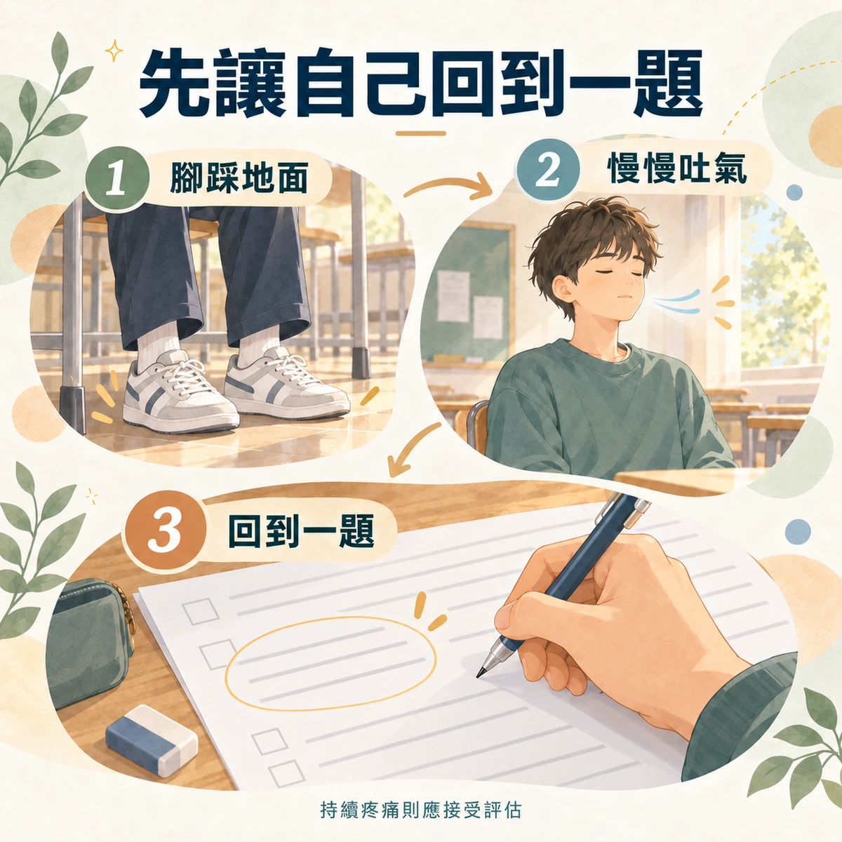 考試緊張時的三個步驟:腳踩地面、慢慢吐氣、回到眼前一題;持續疼痛應接受評估