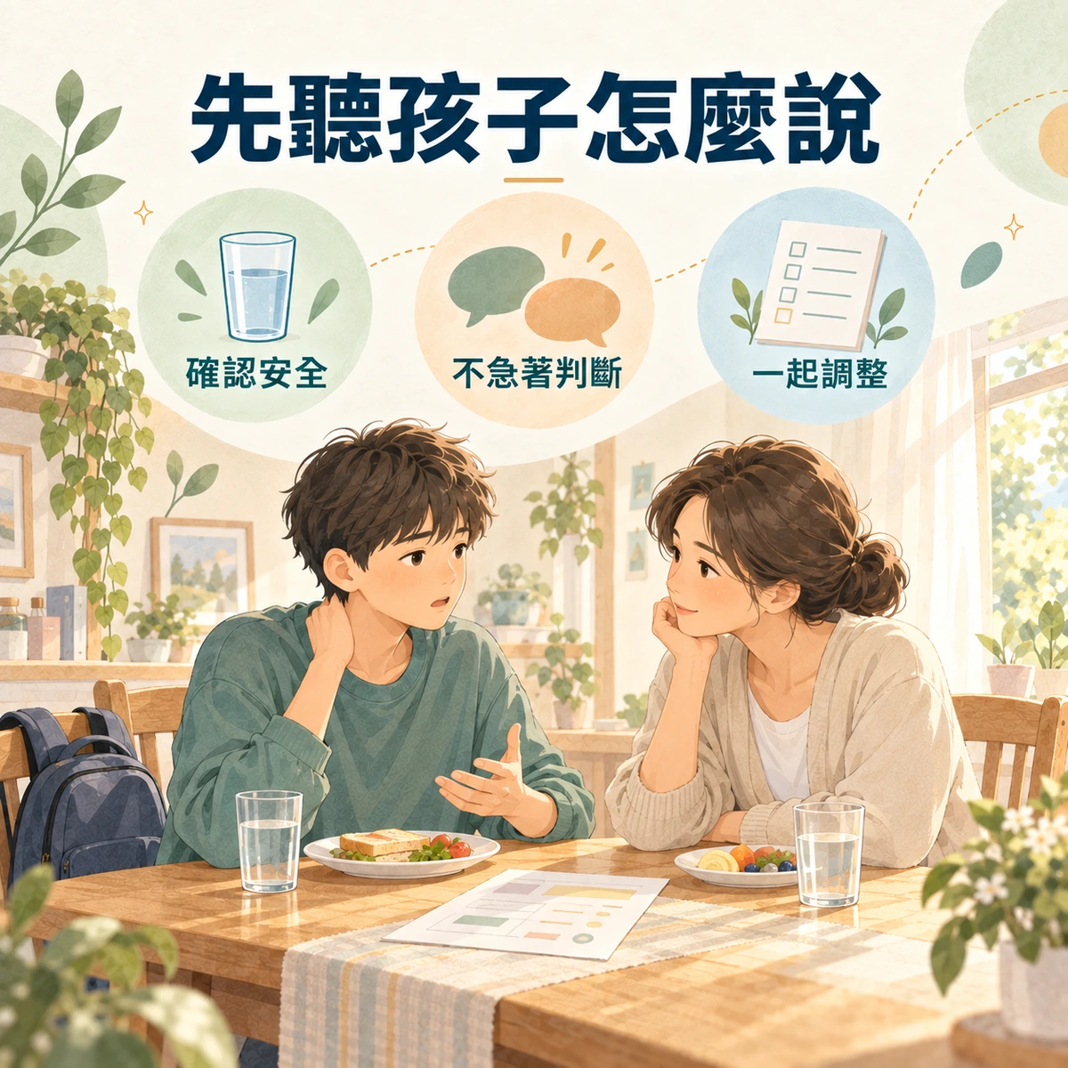 家長和孩子談考試壓力,先確認安全、不急著判斷,再一起調整