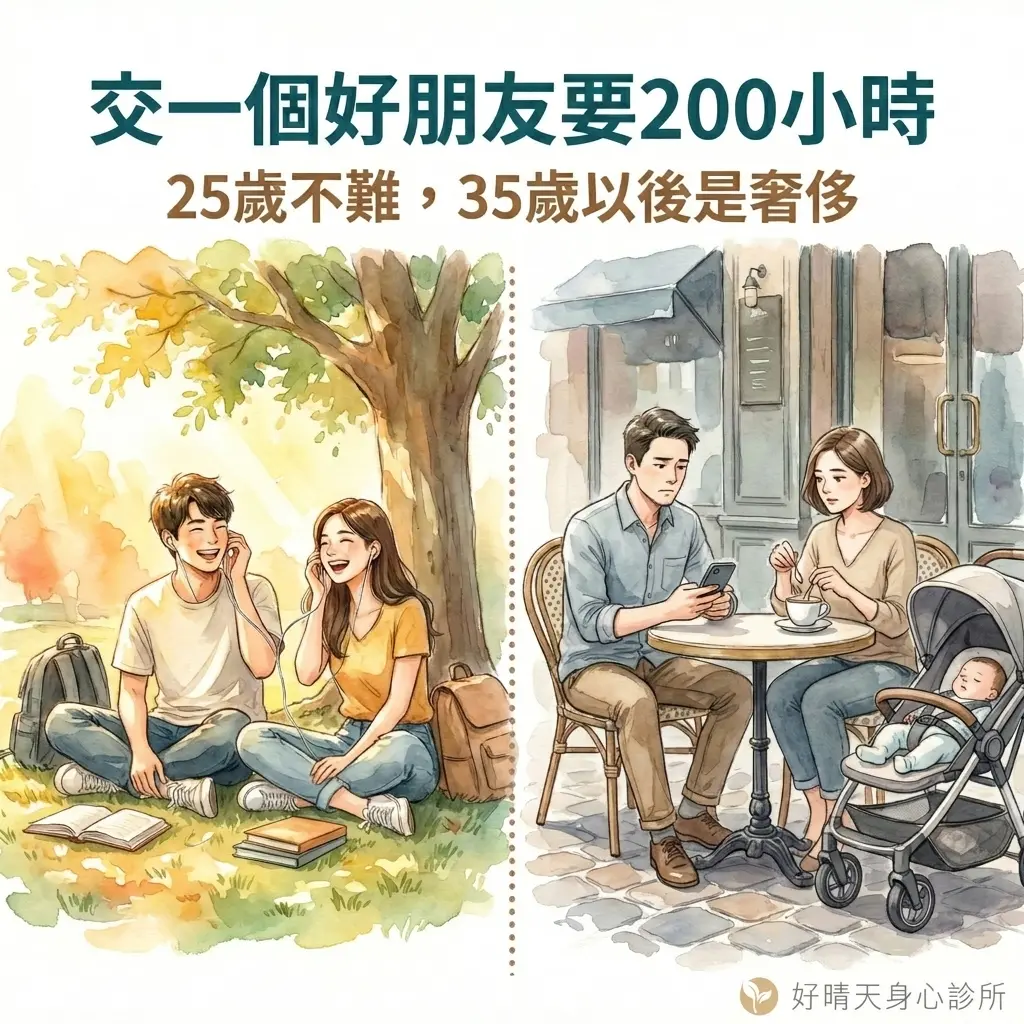交一個好朋友要200小時:25歲不難,35歲以後是奢侈。左邊年輕情侶在樹下笑談,右邊夫妻各自滑手機