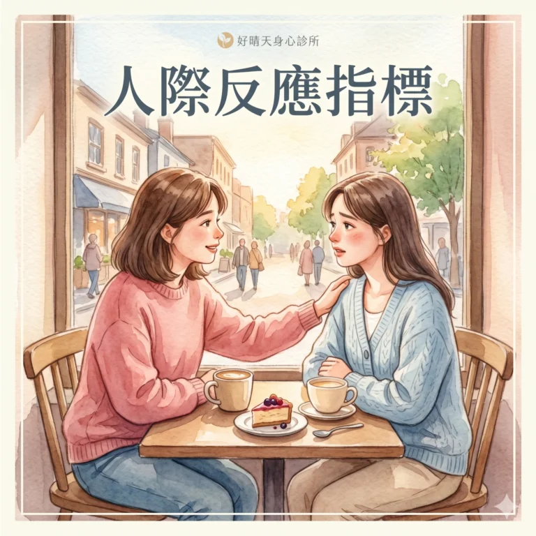 人際反應指標 IRI 示意圖，水彩插畫描繪兩位朋友在咖啡店窗邊互相安慰的場景
