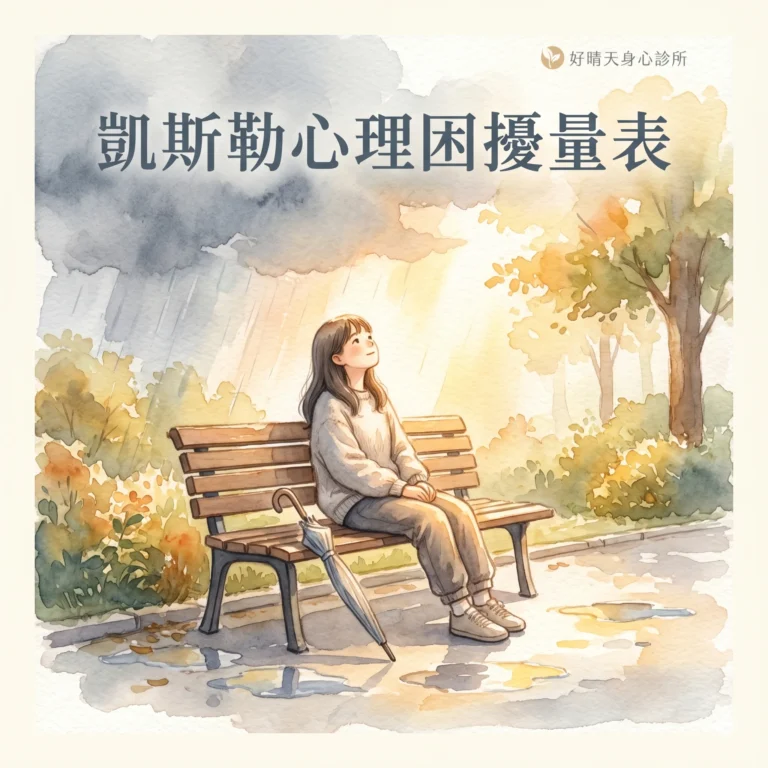 凱斯勒心理困擾量表 K10 示意圖，水彩插畫描繪公園長椅上雨雲散開露出陽光的場景