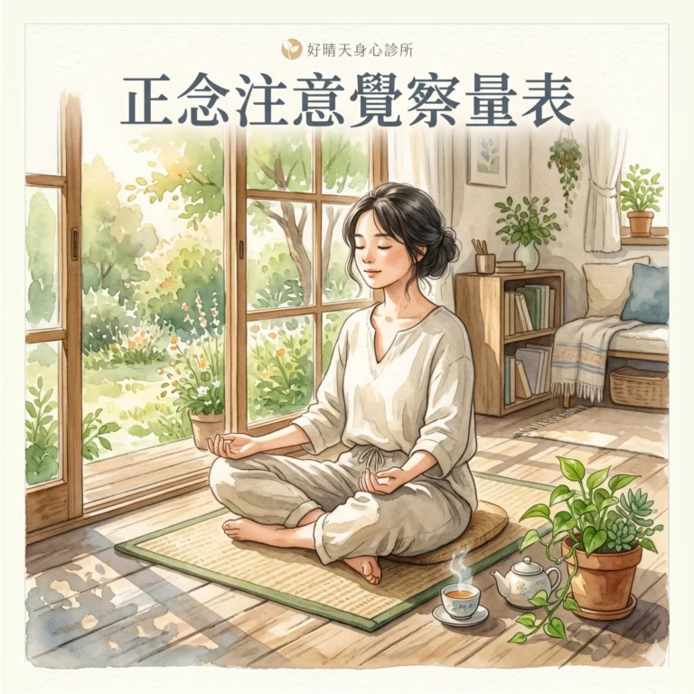 正念注意覺察量表 MAAS 示意圖，水彩插畫呈現窗邊蒲團上閉目冥想的人物