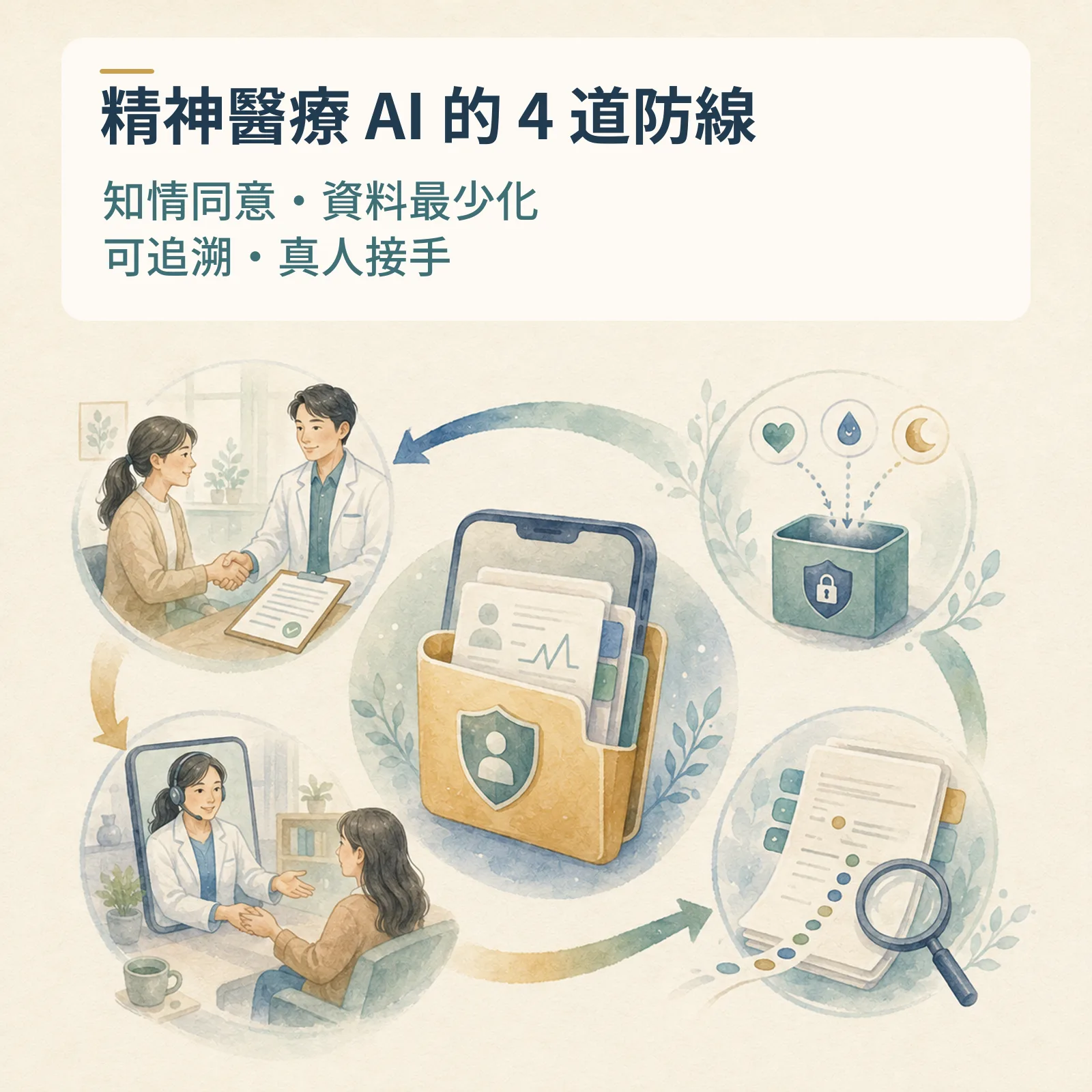 精神醫療 AI 的 4 道防線:知情同意、資料最少化、可追溯、真人接手