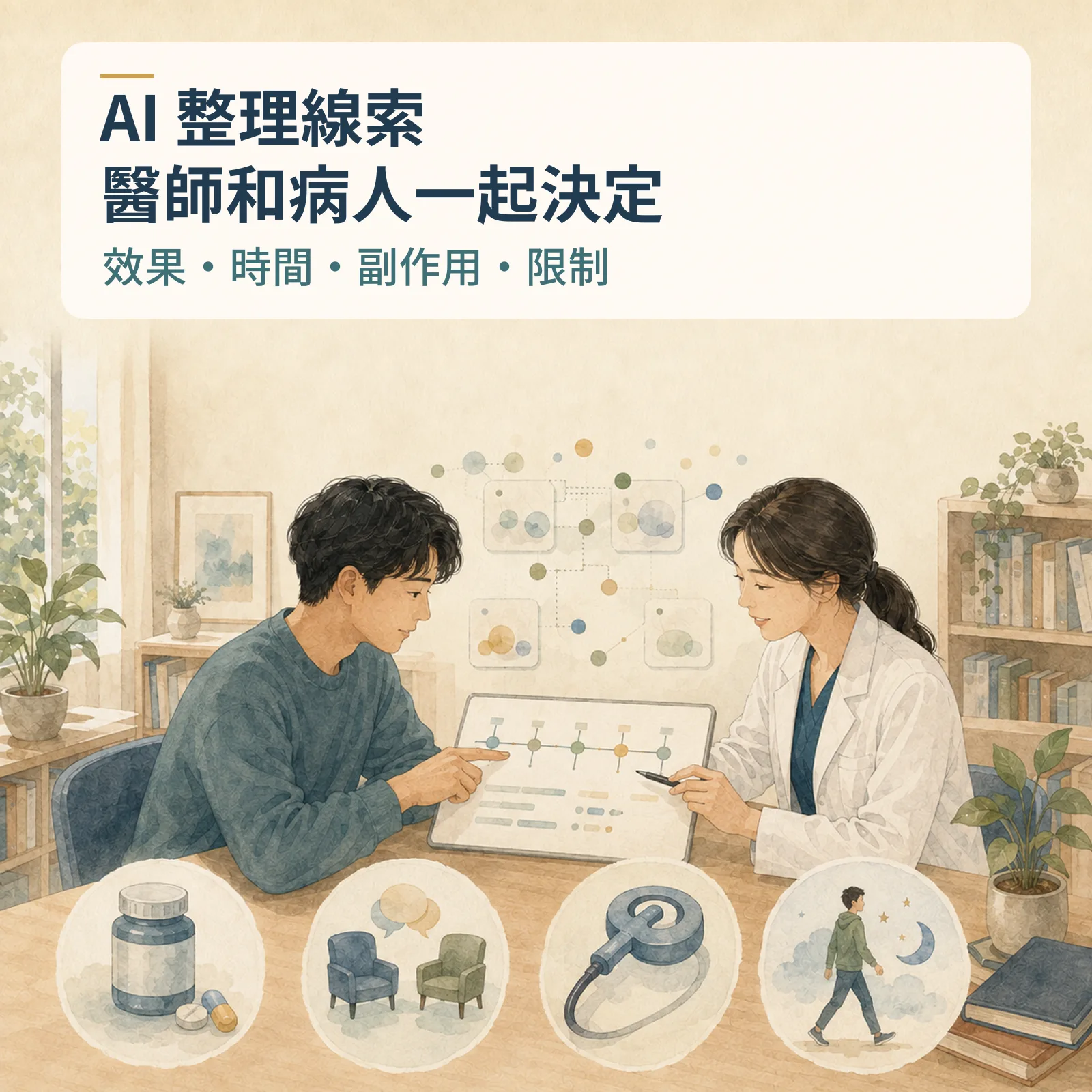 AI 整理線索,醫師和病人一起決定:效果、時間、副作用、限制