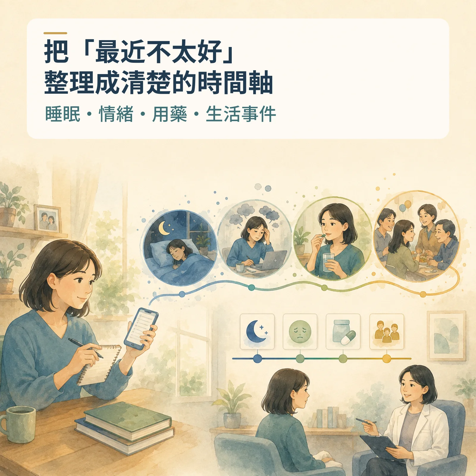 把「最近不太好」整理成清楚的時間軸:睡眠、情緒、用藥、生活事件