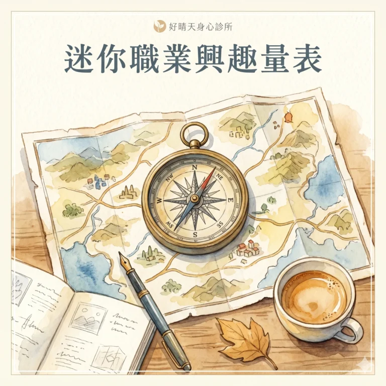 迷你職業興趣量表 Mini-IP 示意圖，水彩插畫描繪木桌上的地圖與復古銅製指南針
