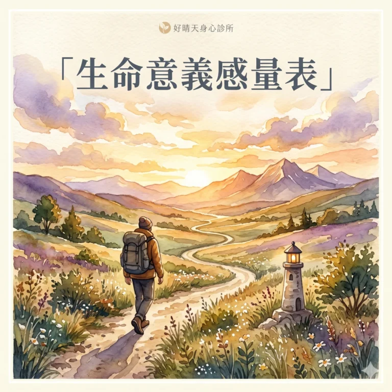 生命意義感量表 MLQ 示意圖，水彩插畫描繪旅人走在通往遠方山脈的小路