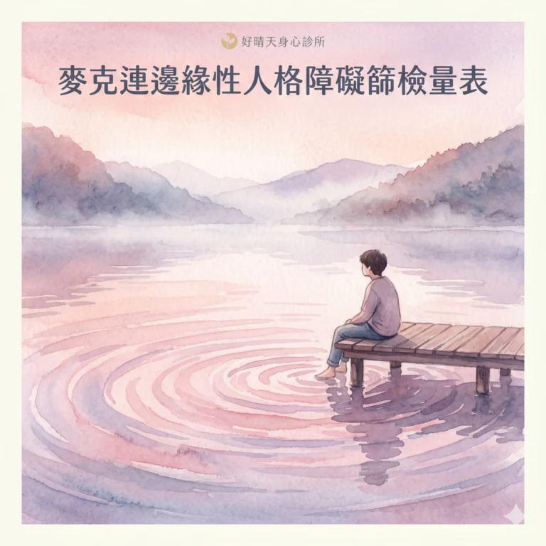 麥克連邊緣性人格障礙篩檢量表 MSI-BPD 示意圖，水彩插畫描繪湖邊木棧道上靜望粉紫漣漪