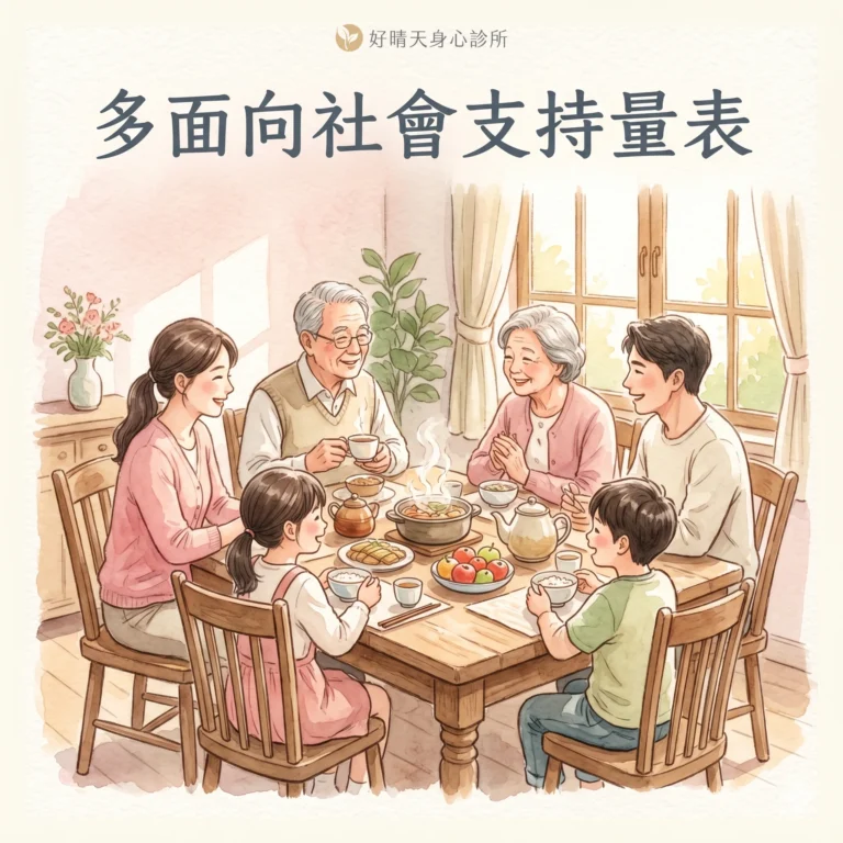 多面向社會支持量表 MSPSS 示意圖，水彩插畫呈現三代家人圍坐餐桌共享餐食