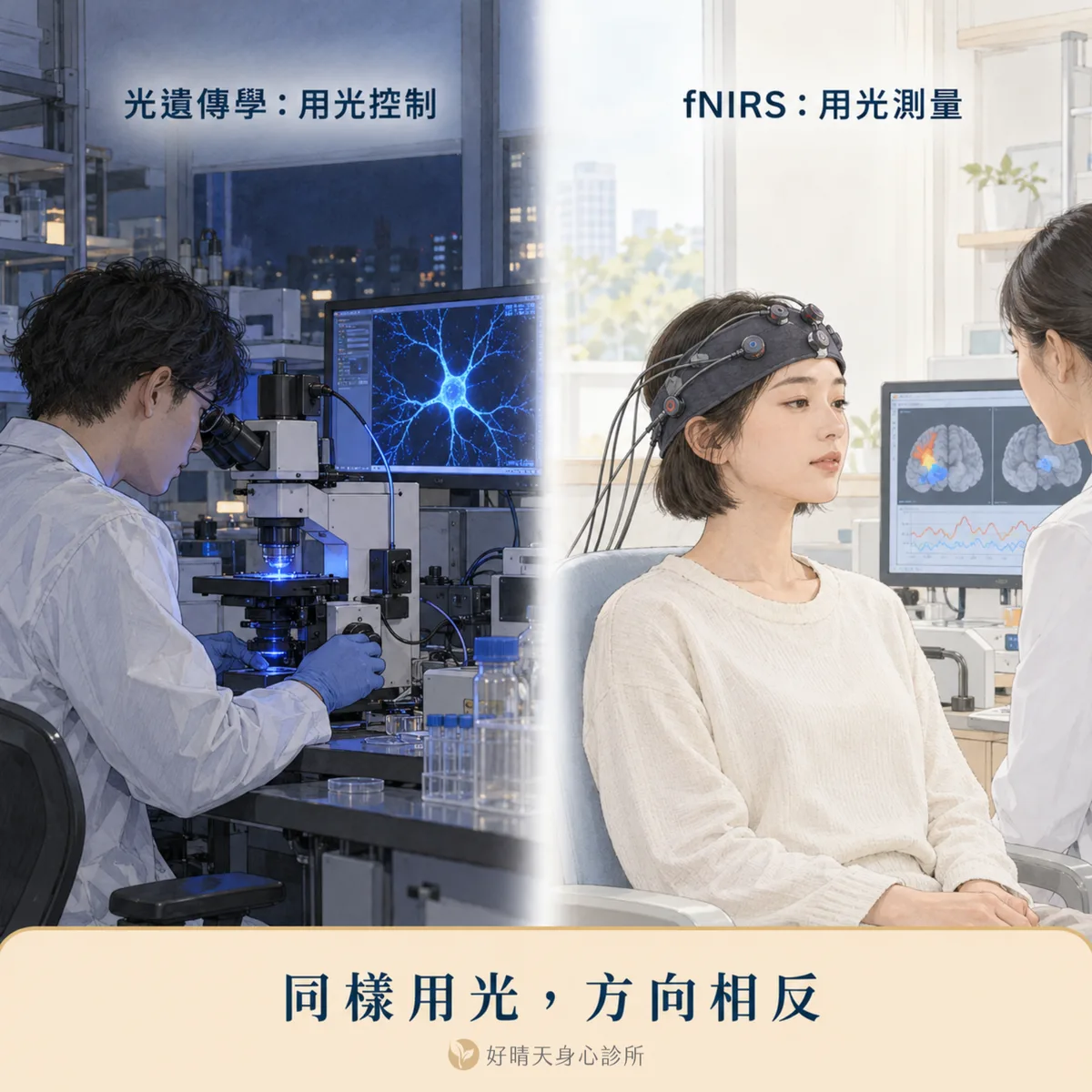 光遺傳學與 fNIRS 對照:研究員在實驗室以藍光控制神經細胞,受測者戴近紅外光頭帶測量腦部血氧