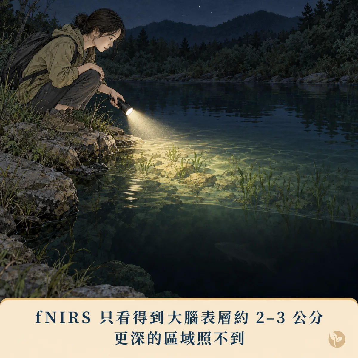 以手電筒照水面比喻 fNIRS 探測深度:只看得到大腦表層約 2 到 3 公分,深部腦區照不到