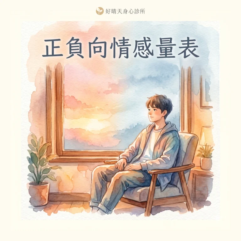 正負向情感量表 PANAS 示意圖，水彩插畫呈現天空一半暖色一半冷色的對比氛圍
