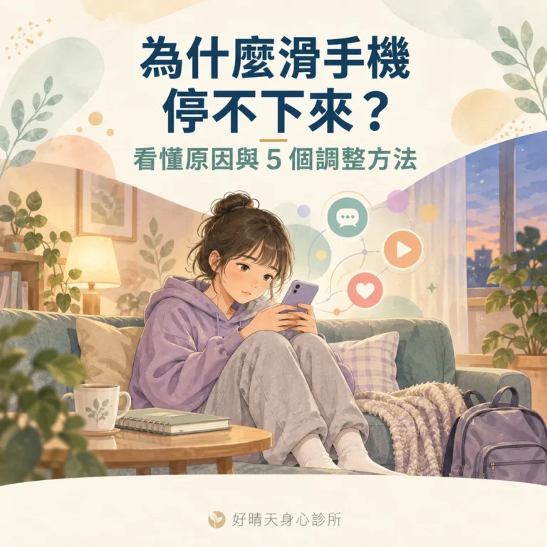 「為什麼滑手機停不下來？看懂原因與 5 個調整方法」文章封面：少女坐在沙發上滑手機的水彩插畫