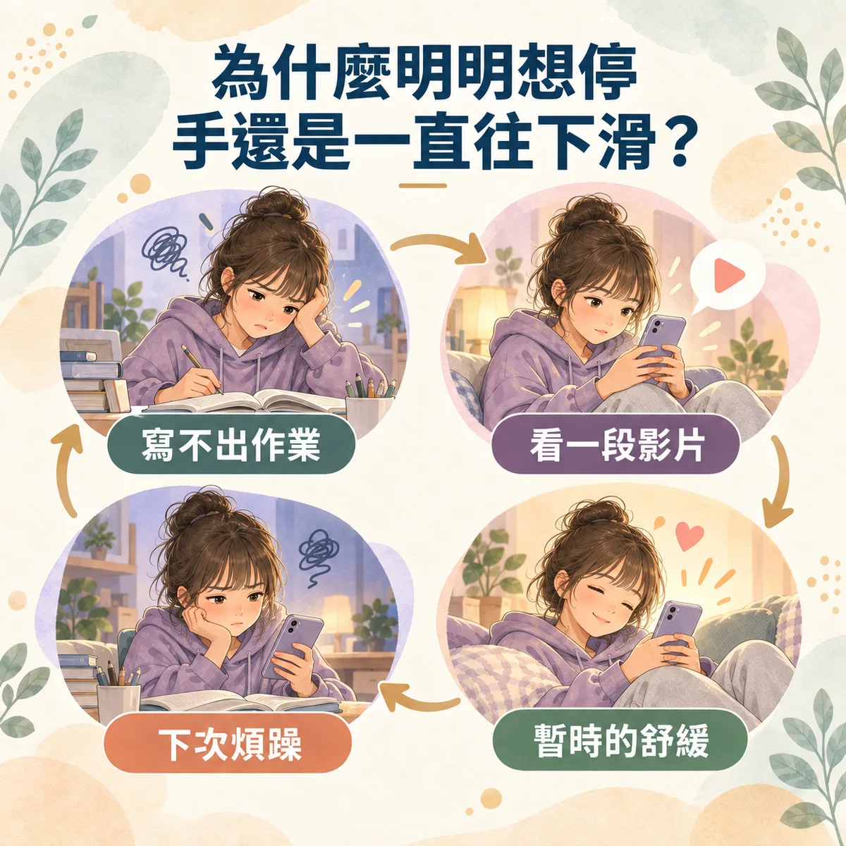 概念圖解:寫不出作業、看一段影片、暫時的舒緩、下次煩躁,無聊或壓力引發反覆滑手機的習慣循環