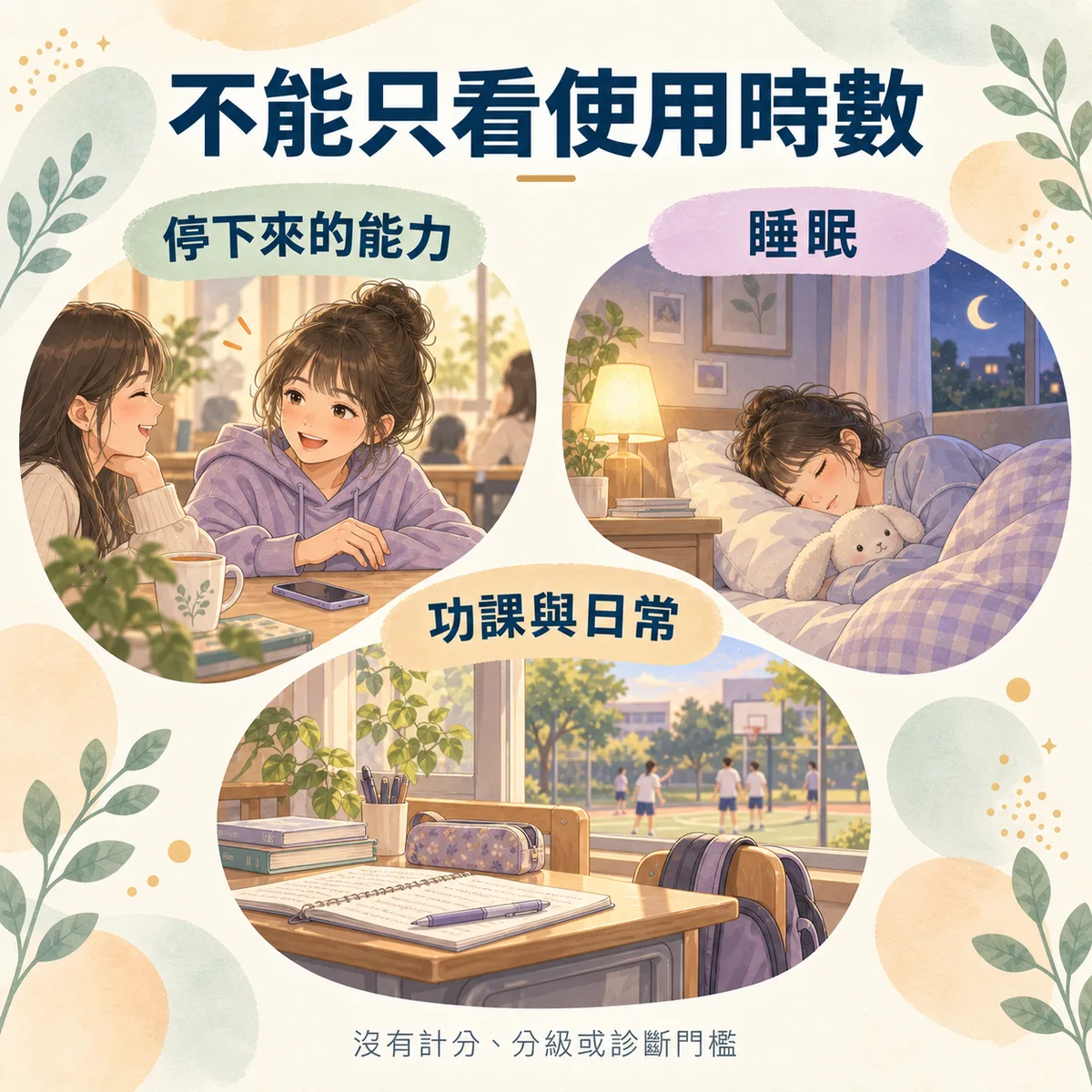 概念圖解:判斷手機使用問題不能只看使用時數,要看停下來的能力、睡眠、功課與日常,沒有計分或診斷門檻