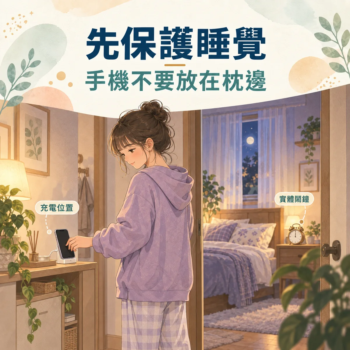 概念圖解:睡前把手機移離床邊,充電位置放在臥室外,改用實體鬧鐘