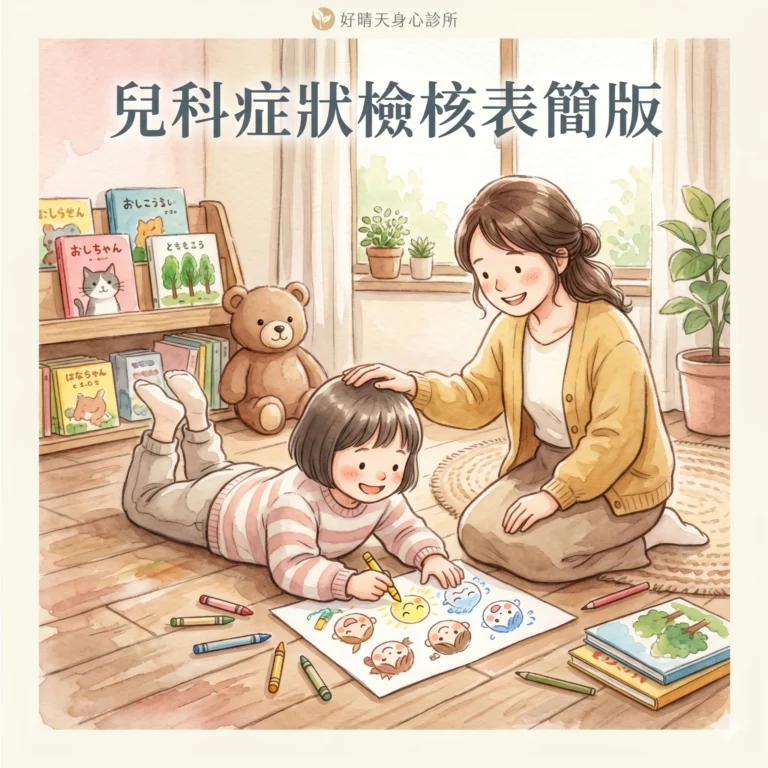 兒科症狀檢核表簡版 PSC-17 示意圖，水彩插畫描繪小孩地板畫情緒臉譜與媽媽陪伴