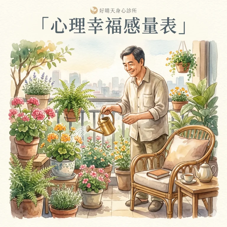 心理幸福感量表 PWB-18 示意圖，水彩插畫呈現陽台花園澆花的中年人與藤椅