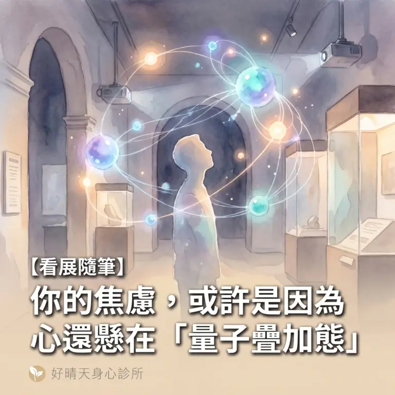 科博館量子特展中，一個人影仰望著漂浮的量子粒子，象徵焦慮的疊加態與觀測的療癒力量