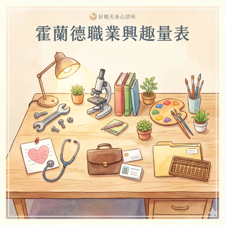 霍蘭德職業興趣量表 RIASEC 示意圖，水彩插畫呈現桌上六種職業類型小物件