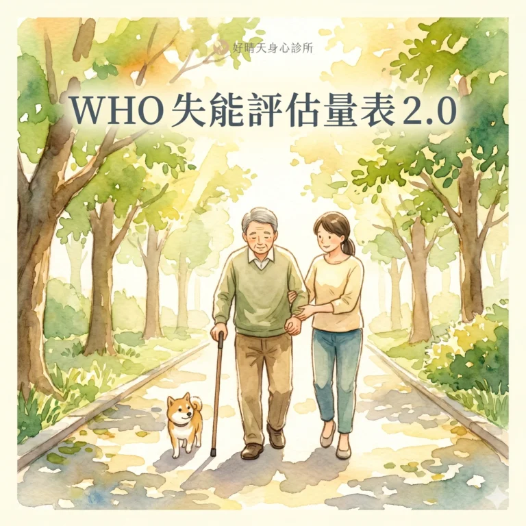WHO 失能評估量表 2.0 示意圖，水彩插畫描繪中年人公園拄杖散步與家人陪伴