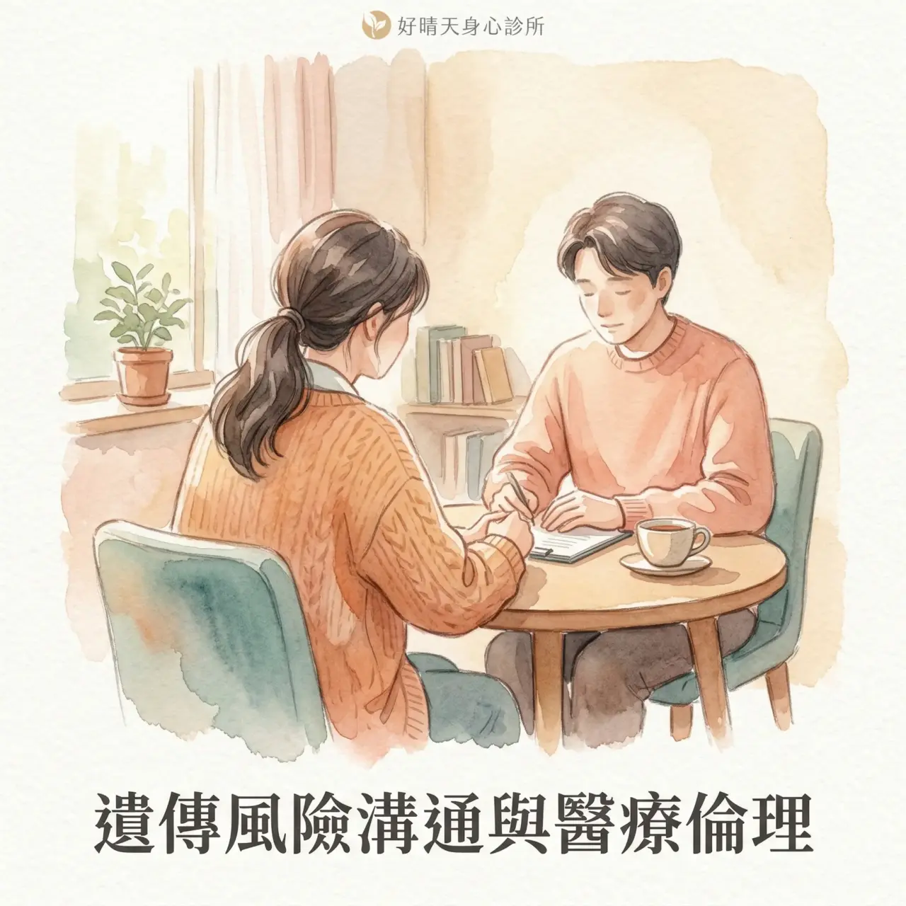 醫療倫理與遺傳諮詢情境:兩人溫暖交談的插畫,象徵遺傳風險溝通與以病人為中心的醫療精神